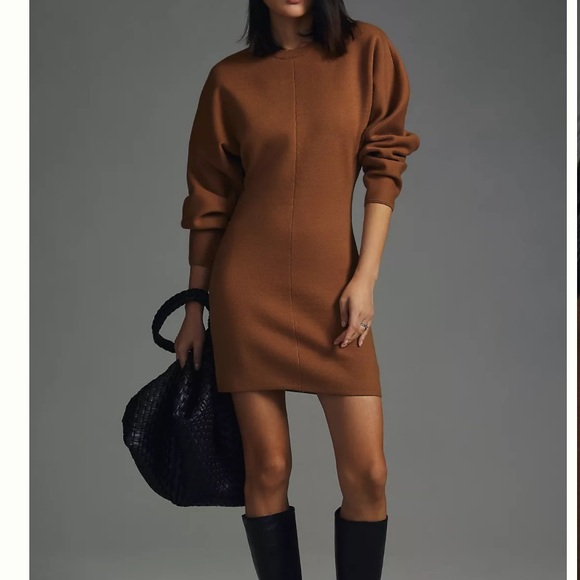Grey Lab Womens Knitted Mini Dress Sweater Long Sleeve Camel Brown Size Small - Picture 1 of 9